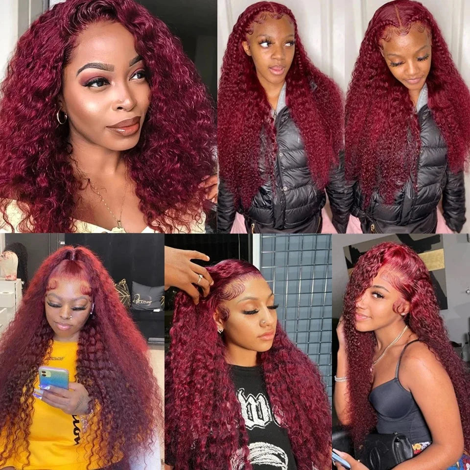 Deep Wave 13X4 Lace Frontal Wig 99J Red Burgundy Color Synthetic Wigs For Black Women Preplucked Bleached Knots Glueless Wig