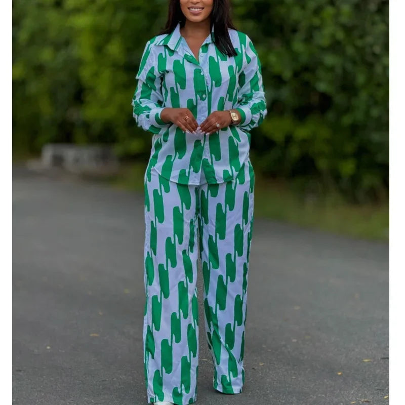 African Fashion Stripe Printed Two Piece Set Women Spring Autumn Casual Button Long Sleeved Shirt Wide Leg Pants Set