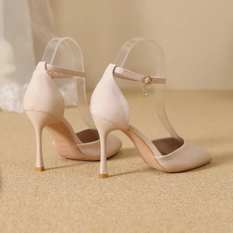 Small Size 30-44 Women High Heel Shoes Suede Thin Heels Ankle Strap Solid Color Point Toe Black Shoes