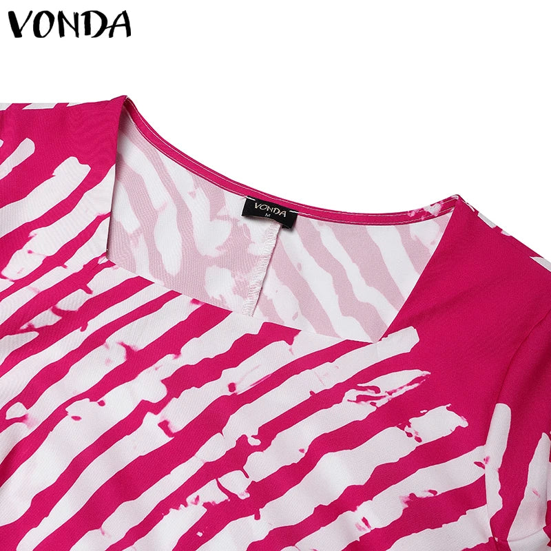 Plus Size Women Bohemian Maxi Dress 2025 Summer Printed Long Sundress VONDA Beach Party Vestidos Half Sleeve Casual Loose Robe