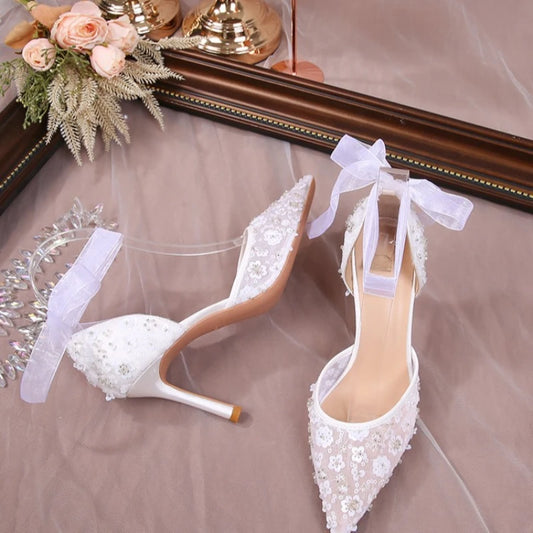 French Beaded Hollow Sandals Women's White Lace Strap Pointed High Heel Main Wedding Shoes