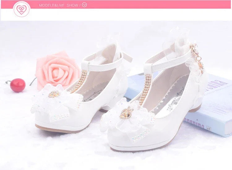 Children Party Leather Shoes Girls PU Low Heel Lace Flower Kids Wedding Shoes Girls Sandals Dance Dress Dance Shoe White Pink