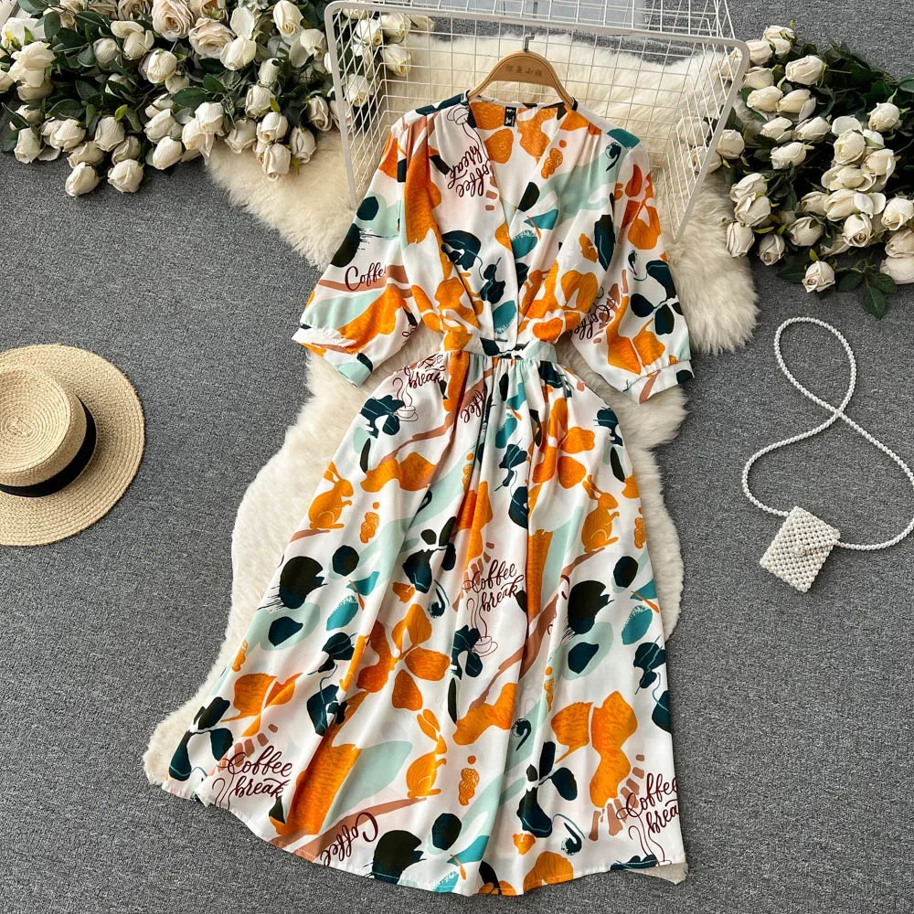 Summer Holiday Floral Beach Wrap Dress Women V Neck Short Sleeves Chic A Line Dress Bohemian Vintage Print Long Dress