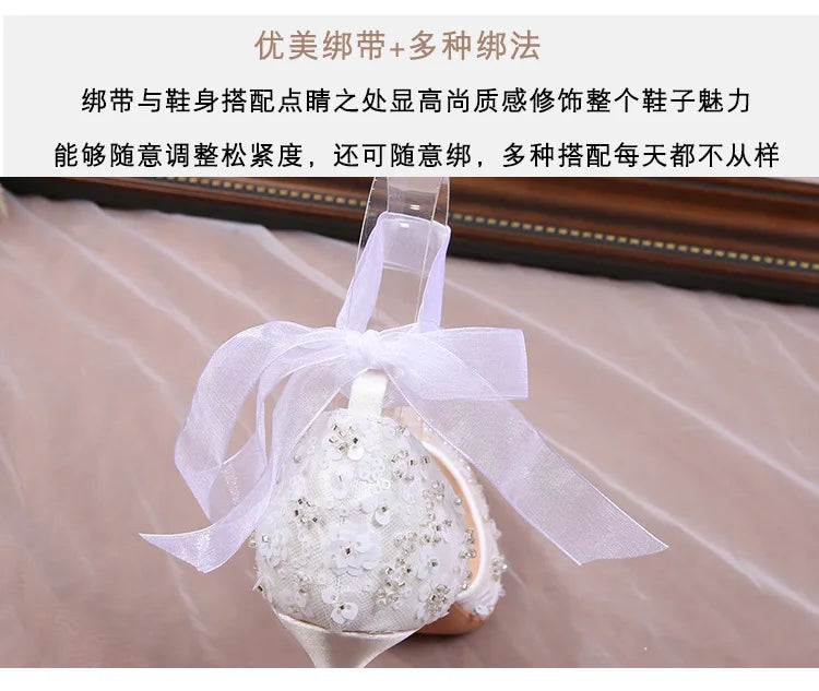 French Beaded Hollow Sandals Women's White Lace Strap Pointed High Heel Main Wedding Shoes