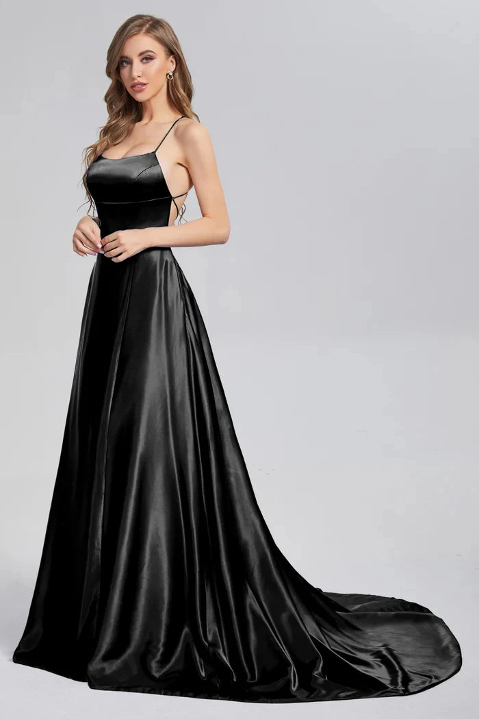 BABYONLINE Prom Dress Satin A-line Gown with Strappy Lace Up Back and High Skirt Slit Floor Length Wedding Bridesmaid Dresses