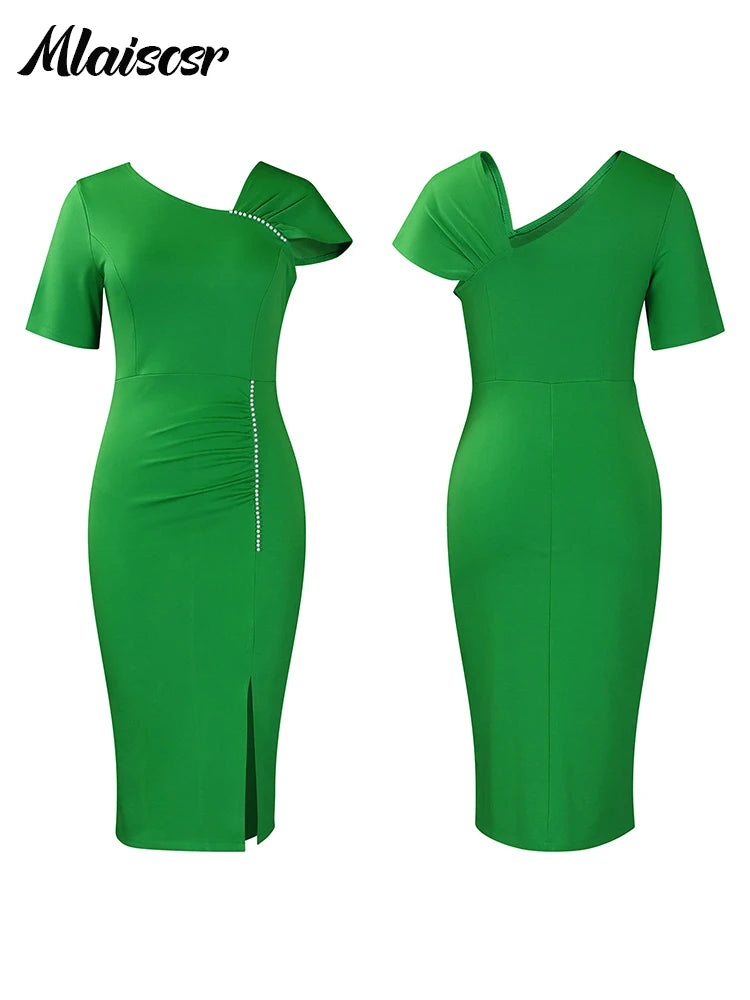 Mlaiscsr Elegant Short Sleeve Beading Bodycon African Midi Dress for Women Fashion Office Work Club Party Birthday Vestidos 2025