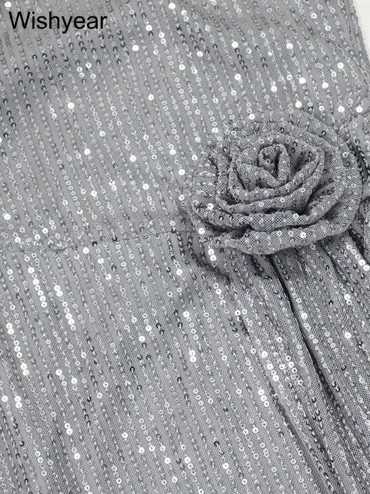 New Silvery 3D Flower Sequin Bodycon Birthday Party Mini Dress Woman Sexy Off Shoulder Sleeveless Backless Slim Evening Gowns