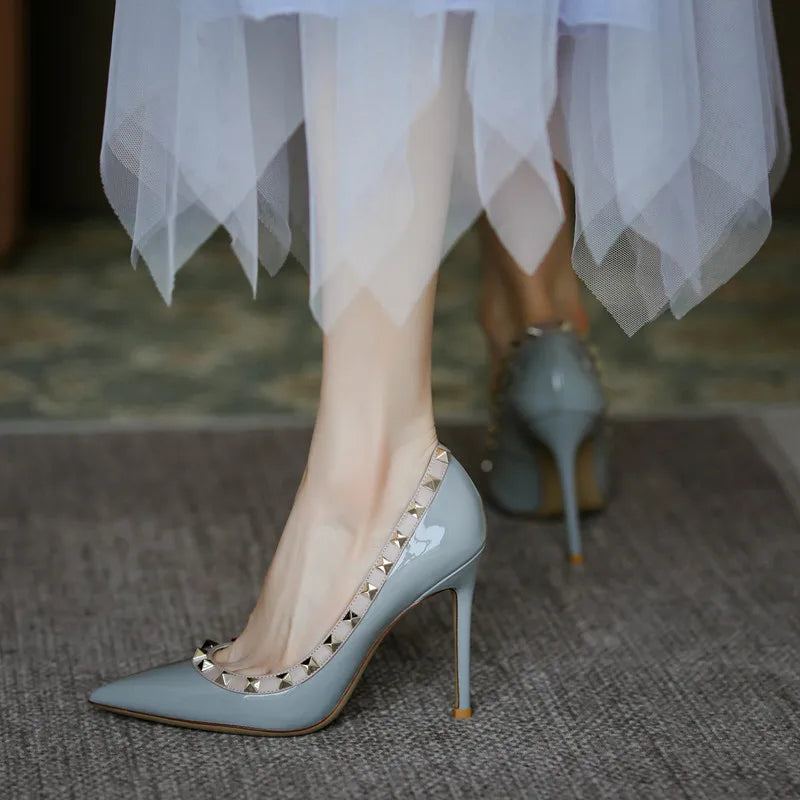 2025 New Luxury Brand High Heels Women's Shoes Metal Rivet Pointed Black Pumps Fashion Sexy Genuine Leather Women's Single Shoes