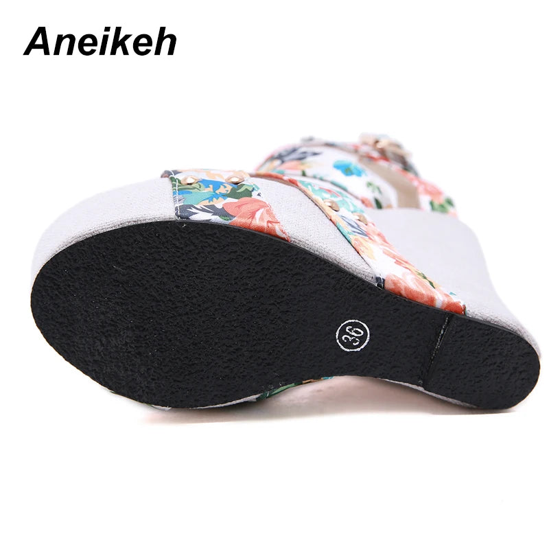 Aneikeh Women Wedges Sandals Summer Platform Sandals High Heels Shoes Ankle Strap Designer Silk Print Footwear Sandals Pumps