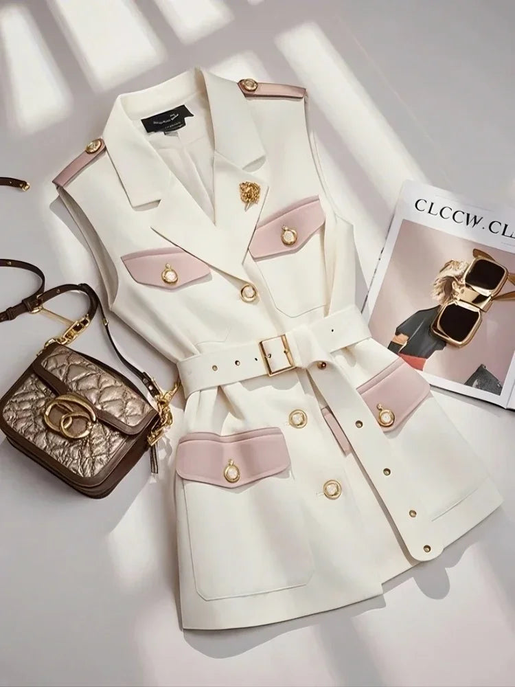 Spring Summer Jacket Vest Color Block Coffee Sleeveless Blazers Waistcoat Retro Female Outerwear All-match Fashion Office Lady