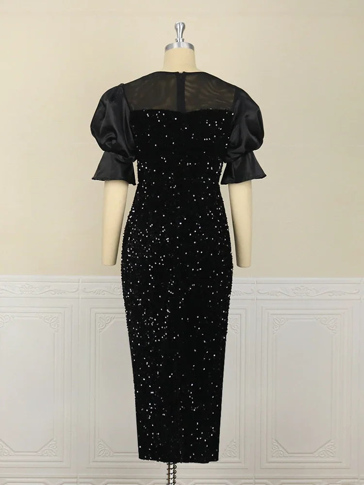 Women Sequined Shiny Black Long Dress Glitter Embroidered Chest Wrapped Puff Sleeve Classy Winter Fall Party Celebrity Gowns New
