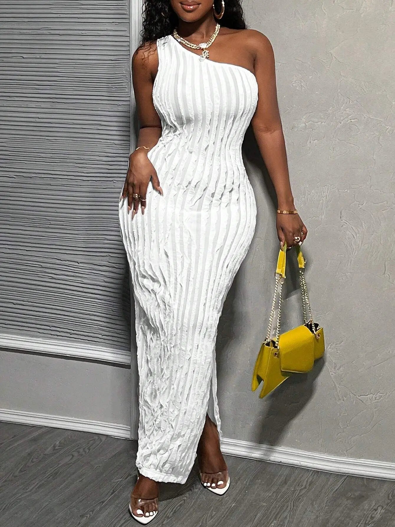 Summer New Party Dinner European and American Fashion Women's Dress Solid Color Hollow Wavy Long Dress Women