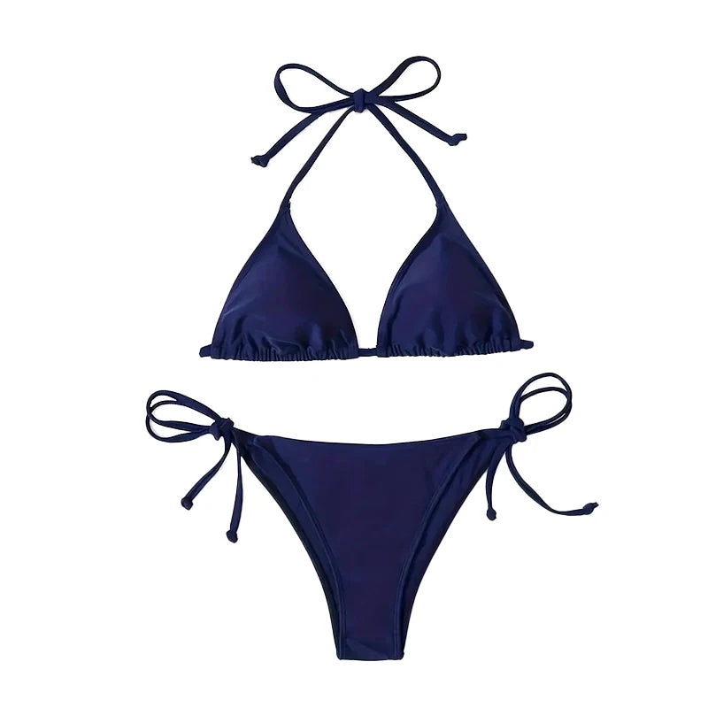 2Pcs Swimwear Thong Bikini Set Sexy New Navy Blue Swimsuits Woman Sexy Bathing Suits Bikinis Triangle Bandage Female Beachwear