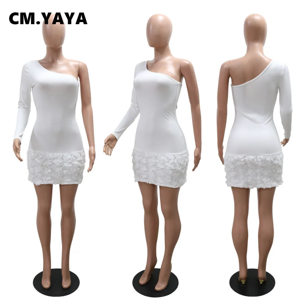 CM.YAYA Women Knit Ribbed Rose Floral Applique One Long Sleeve Bodycon Midi Dress 2024 Club Sexy Party Evening Dresses Vestidos