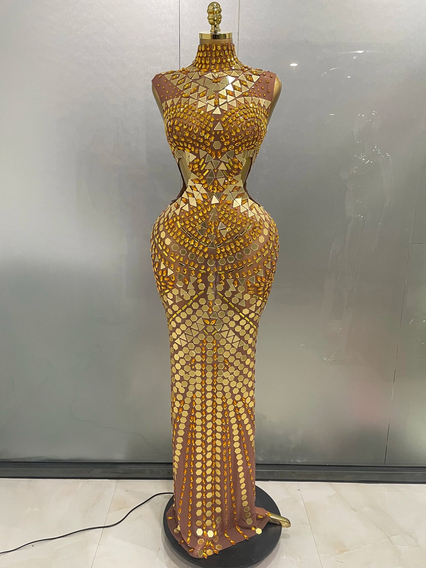 Luxury Shiny Mirror Rhinestones Hollowed-out Long Dress 2025Women Celebrity Evening Party Catwalk Prom Stage Photo Shoot Dresses