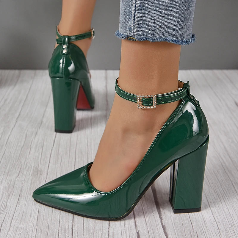 Black 10cm Super High Heel Pumps Women Shoes Pointed Toe Fashion Crystals Pearl Pendant Pimp Buckle Patent Leather Big Size 50