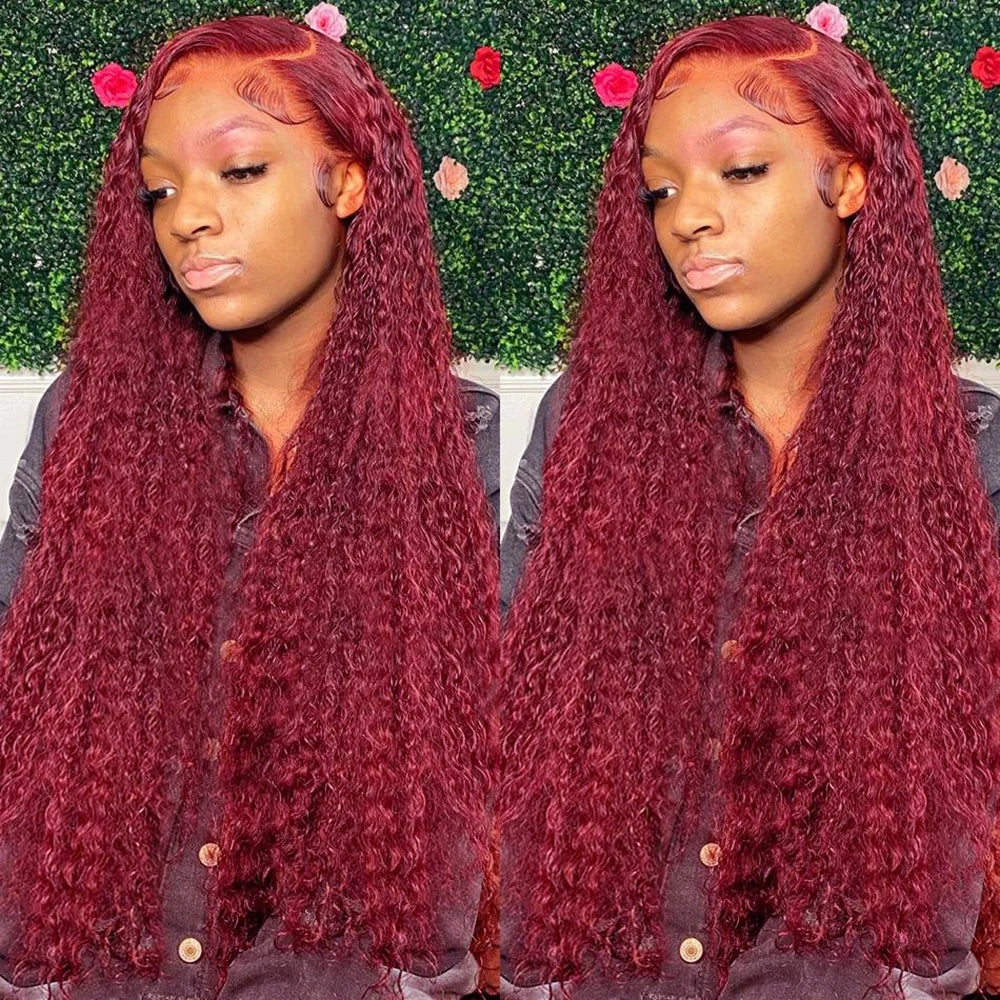 Tahikie 99j Burgundy Lace Front Human Hair Wig 30 Inch Deep Wave Frontal Wig 13x6 Hd Pre Plucked Transparent Lace Wigs For Woman