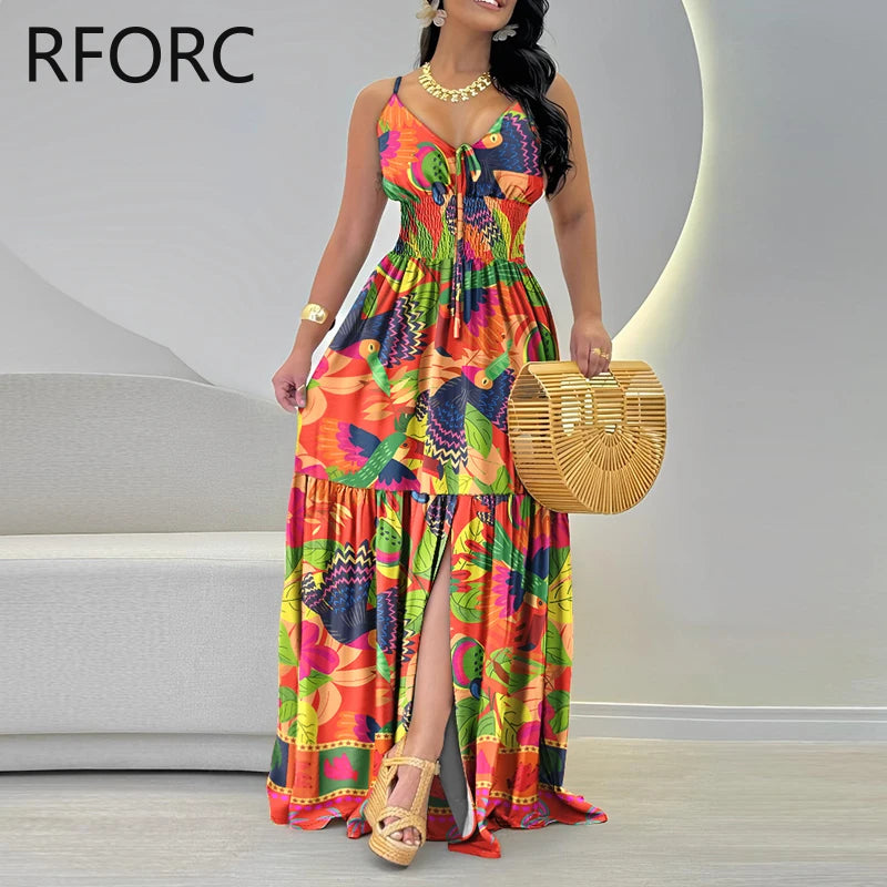 2024 Women All Over Print Spaghetti Straps Ruffle Hem Silt Maxi Casual Vacation Party Dress