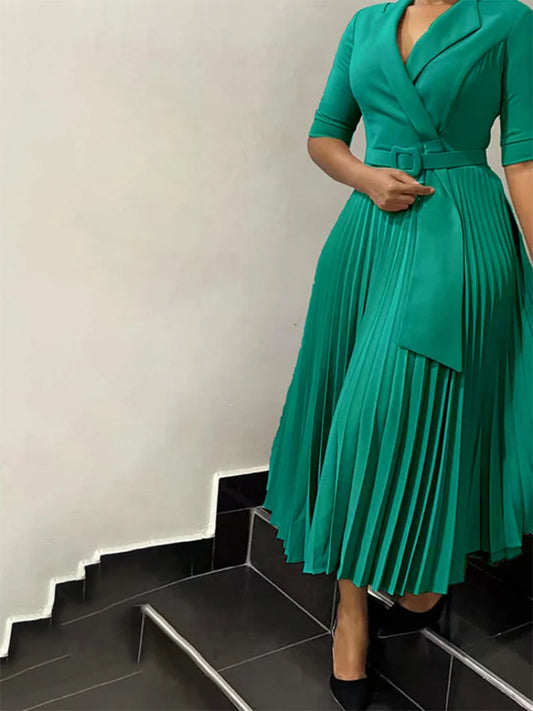 Women's Fall  new commuter fashion suit collar pleated waist plus size dress