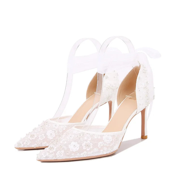 French Beaded Hollow Sandals Women's White Lace Strap Pointed High Heel Main Wedding Shoes