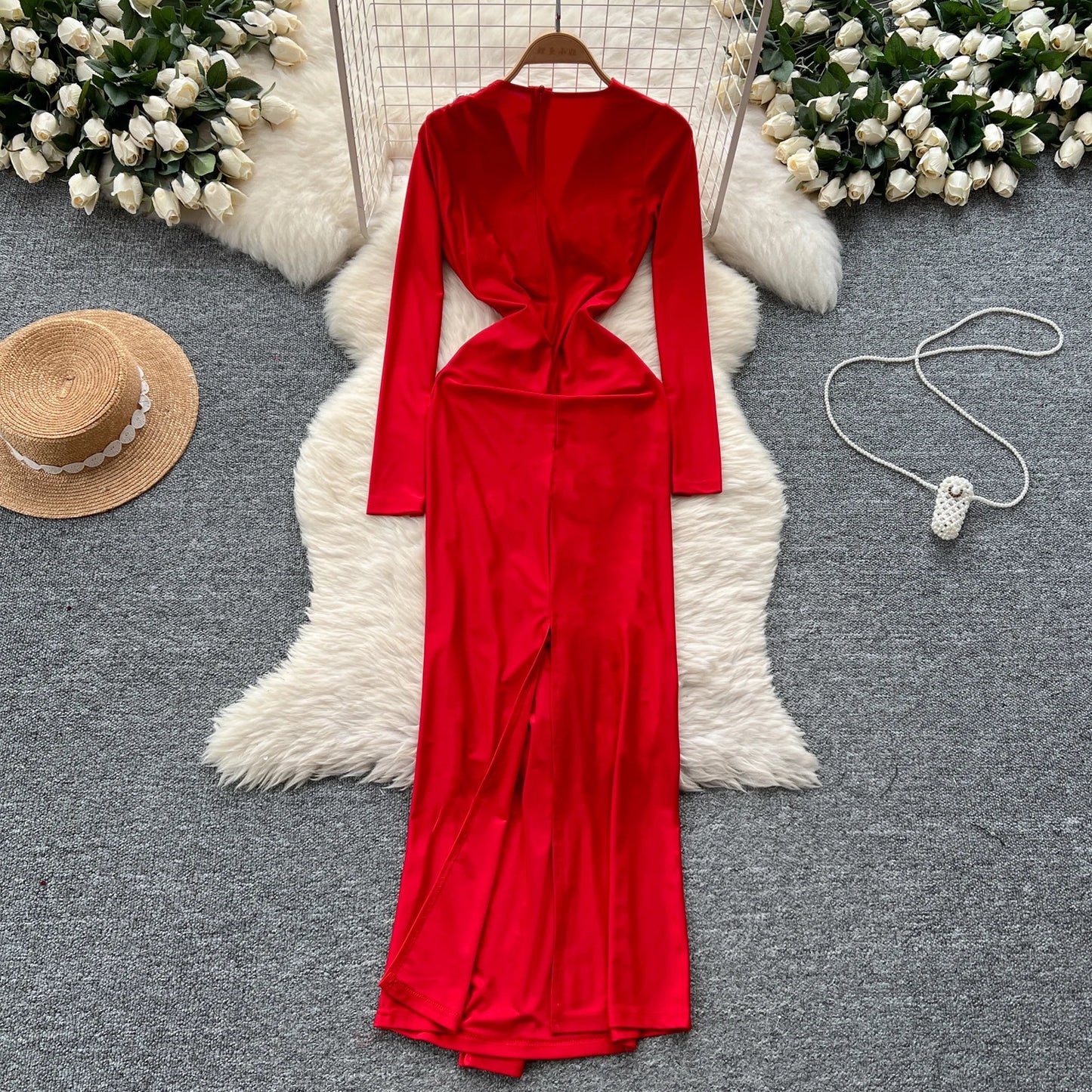 Elegant Long Sleeves Vintage V-neck Chic Rhinestone Pleated Asymmetrical Slim Split Dresses Evening High Street Autumn Clothing