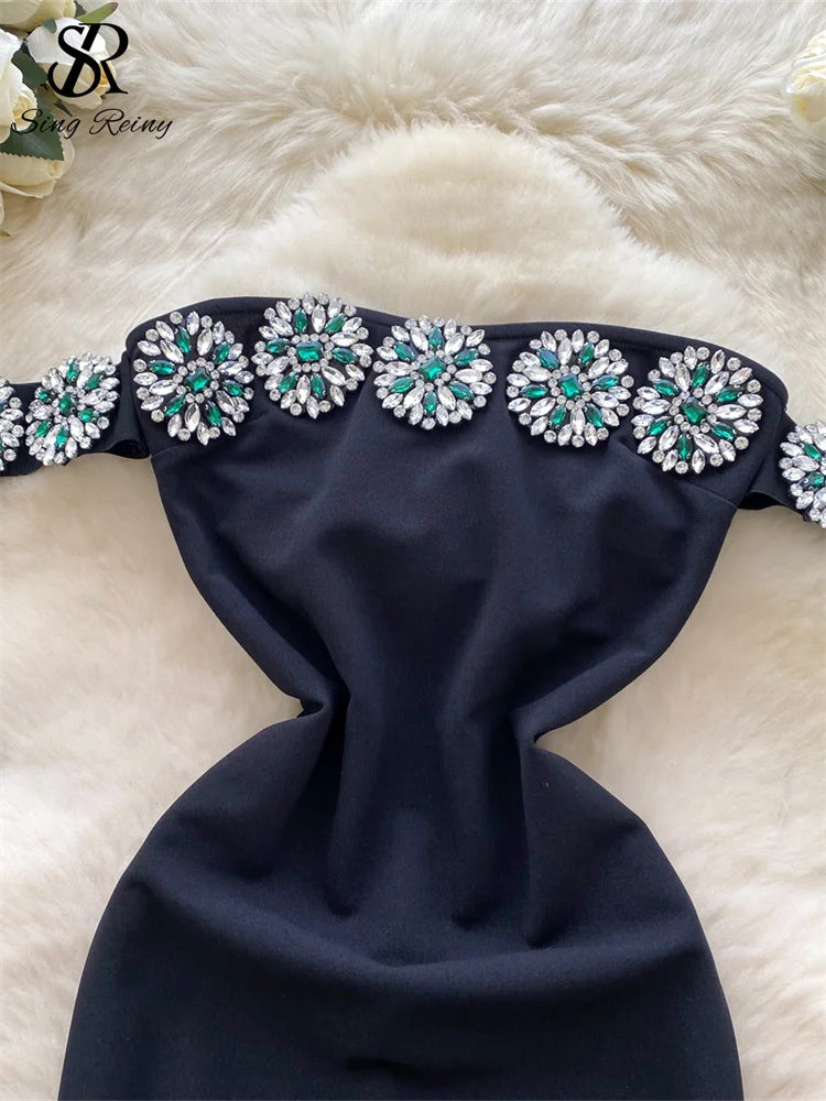 SINGREINY French Senior Evening Dress Women Diamonds Off The Shoulder Hotsweet Chic Fashion Elegant Skinny Split Midi Sundress