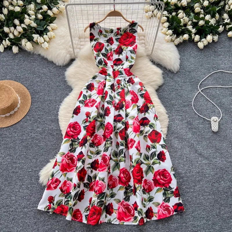 French Fashion Print O-neck Pleated Sleeveless A-line Ball Gown Dress Women Summer Vintage Elegant Puff Graduation Party Dresses