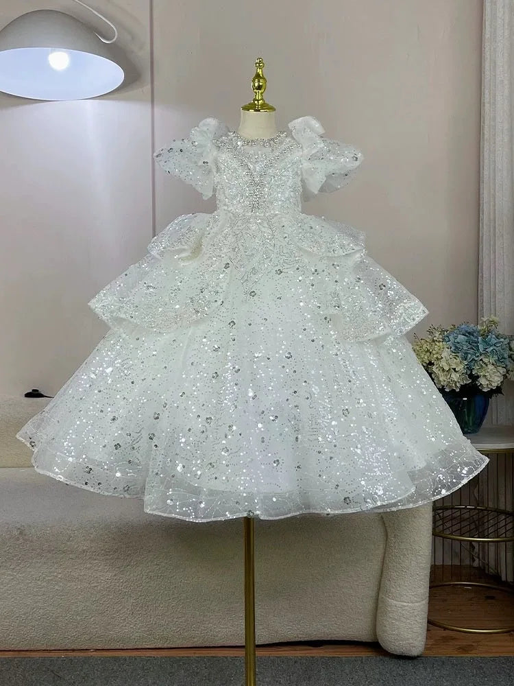 Baby Girl Princess Dress Sequin Party Dresses For Children Puff Sleeves Clothing Classy Flower Girls Costume For Wedding