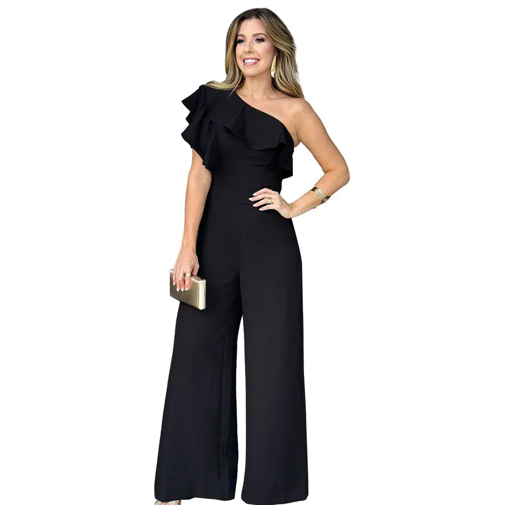 Women's Jumpsuit Fashion Elegant office Long Jumpsuit for Woman Summer New Solid Sleeveless Ruffle Hem One Shoulder Jumpsuits