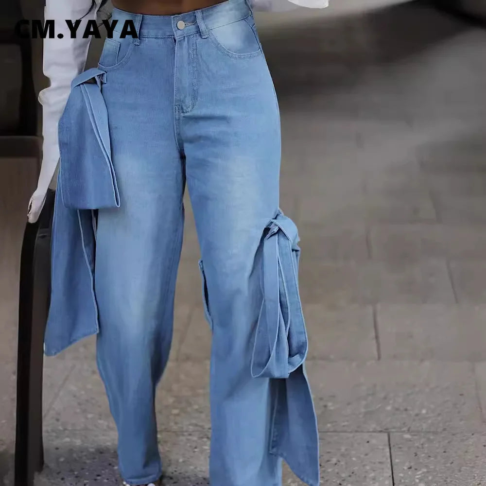 CM.YAYA Women Street Fashion High Waist Zipper Fly Wide Leg Straight String Jeans Trousers 2024 Summer Chic Denim Pants