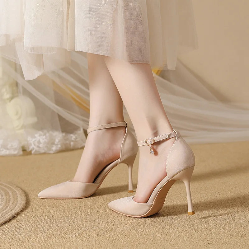 Small Size 30-44 Women High Heel Shoes Suede Thin Heels Ankle Strap Solid Color Point Toe Black Shoes