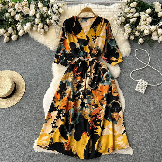 Summer Holiday Floral Beach Wrap Dress Women V Neck Short Sleeves Chic A Line Dress Bohemian Vintage Print Long Dress