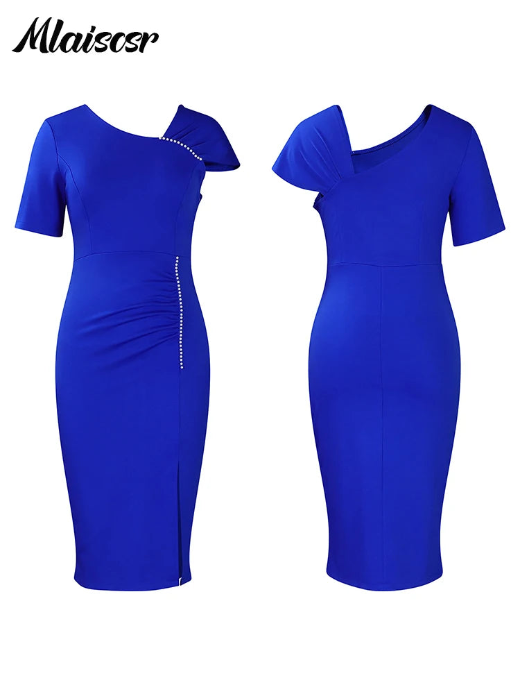 Mlaiscsr Elegant Short Sleeve Beading Bodycon African Midi Dress for Women Fashion Office Work Club Party Birthday Vestidos 2025