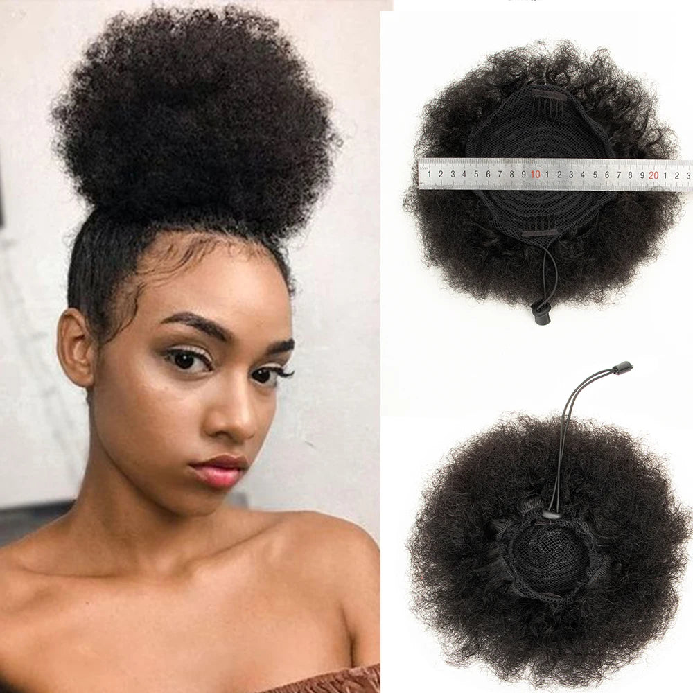 Afro Kinky Curly Ponytail Human Hair Extensions Buns Chignon Afro Puff Drawstring Curly Ponytail Remy Human Hair For Black Women