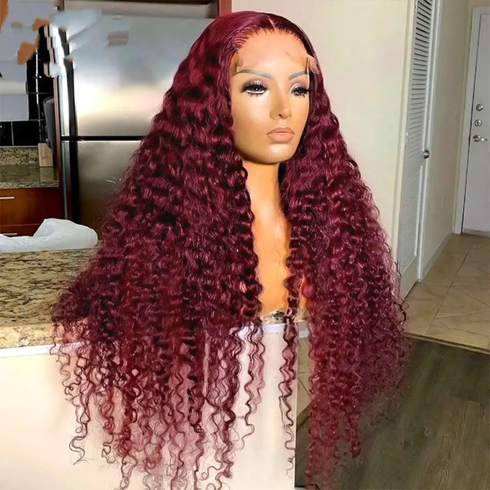 Deep Wave 13X4 Lace Frontal Wig 99J Red Burgundy Color Synthetic Wigs For Black Women Preplucked Bleached Knots Glueless Wig