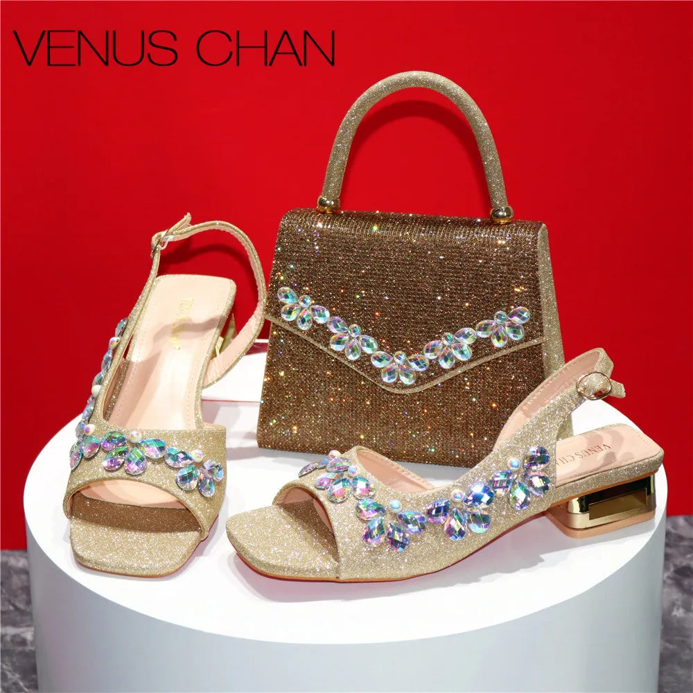 New INS High-Heeled Fish Beaked Toe Cap Wedding Shoes Colorful Full Diamond Design Shoe and Bag Set for Nigeria Party