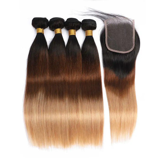 Brown Straight Human Hair Bundle with Closure 4x4 Frontal Brazilian Brown Bundles 3/4 100% Remy Human Hair Extension for Women
