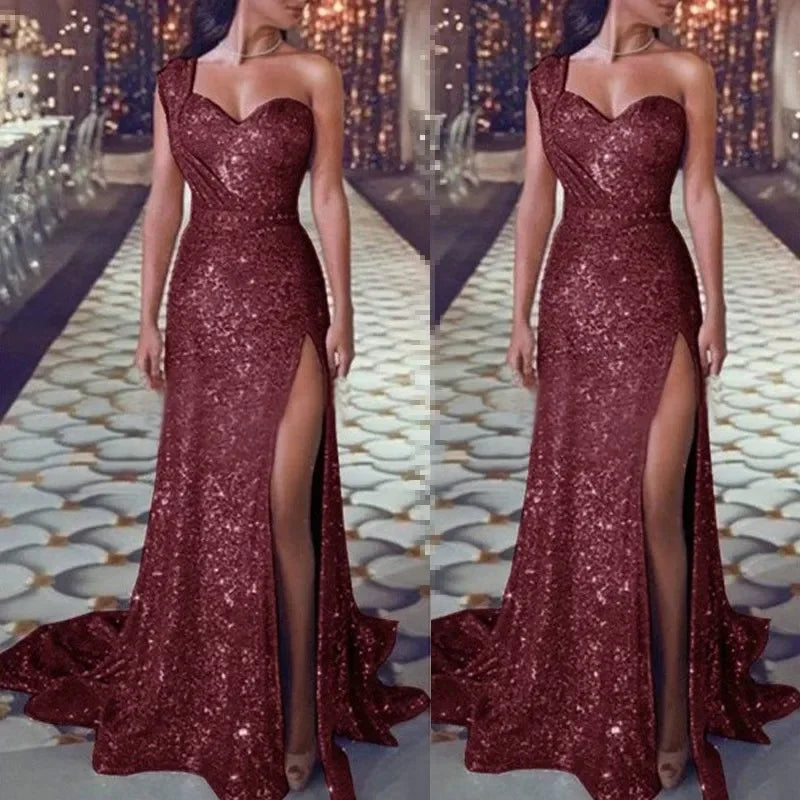 2025 Women's Wedding Party Dress Evening Elegant Sexy Deep V Neck One Shoulder Sleeveless Sequined Long Maxi Dresses For Women