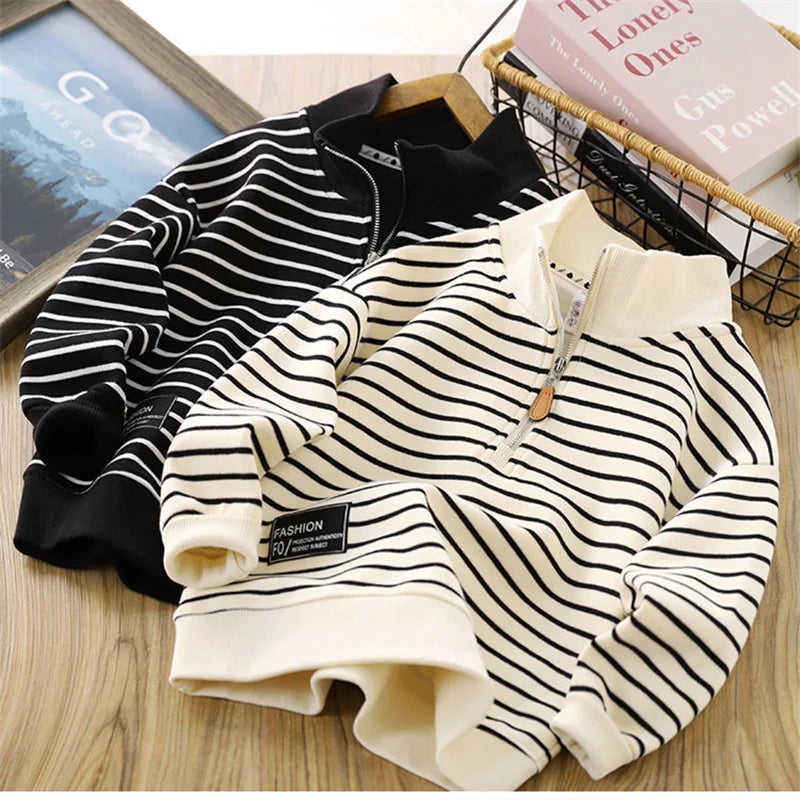 Children Stripes T-shirt Autumn Girls Pullover Tees Big Kids Clothing Lapel Zipper Tops Boys Sportswear Long Sleeved T-shirts