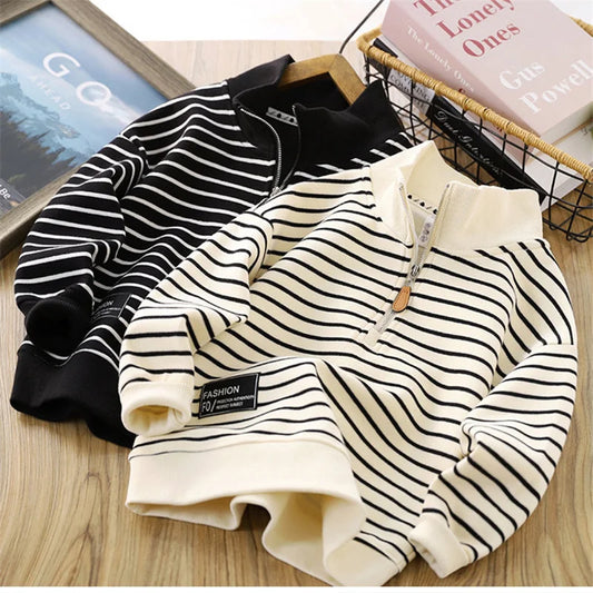 Children Stripes T-shirt Autumn Girls Pullover Tees Big Kids Clothing Lapel Zipper Tops Boys Sportswear Long Sleeved T-shirts