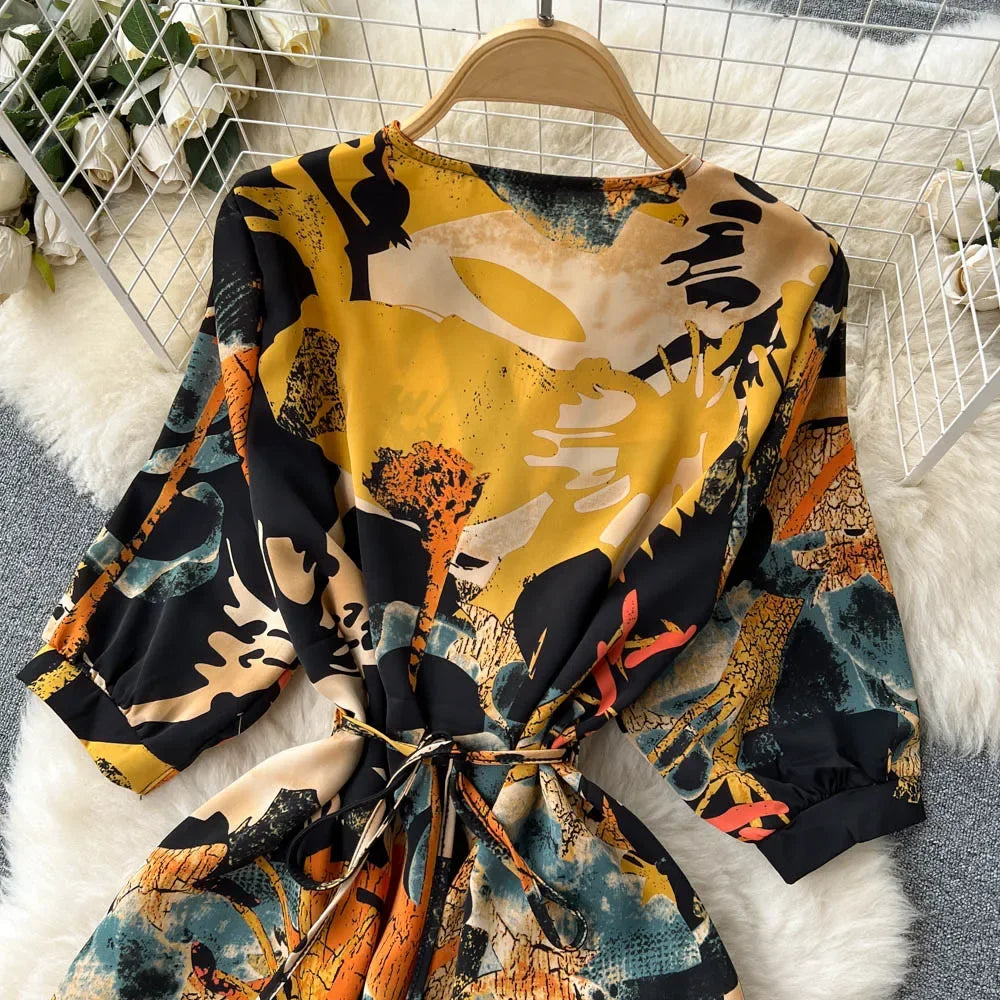 Summer Holiday Floral Beach Wrap Dress Women V Neck Short Sleeves Chic A Line Dress Bohemian Vintage Print Long Dress