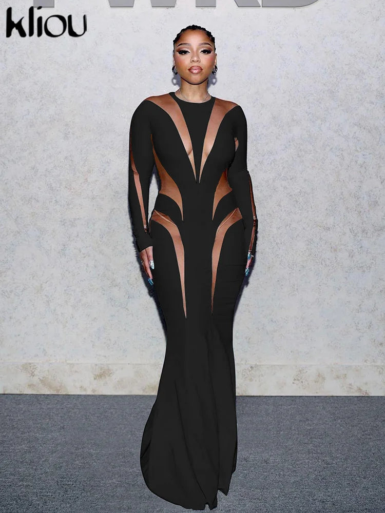 kliou Autumn Women Milk Silk Patchwork Maxi Dress Long Sleeve Round-Neck Skinny Robe Female Elegant New Classic Evening Vestido