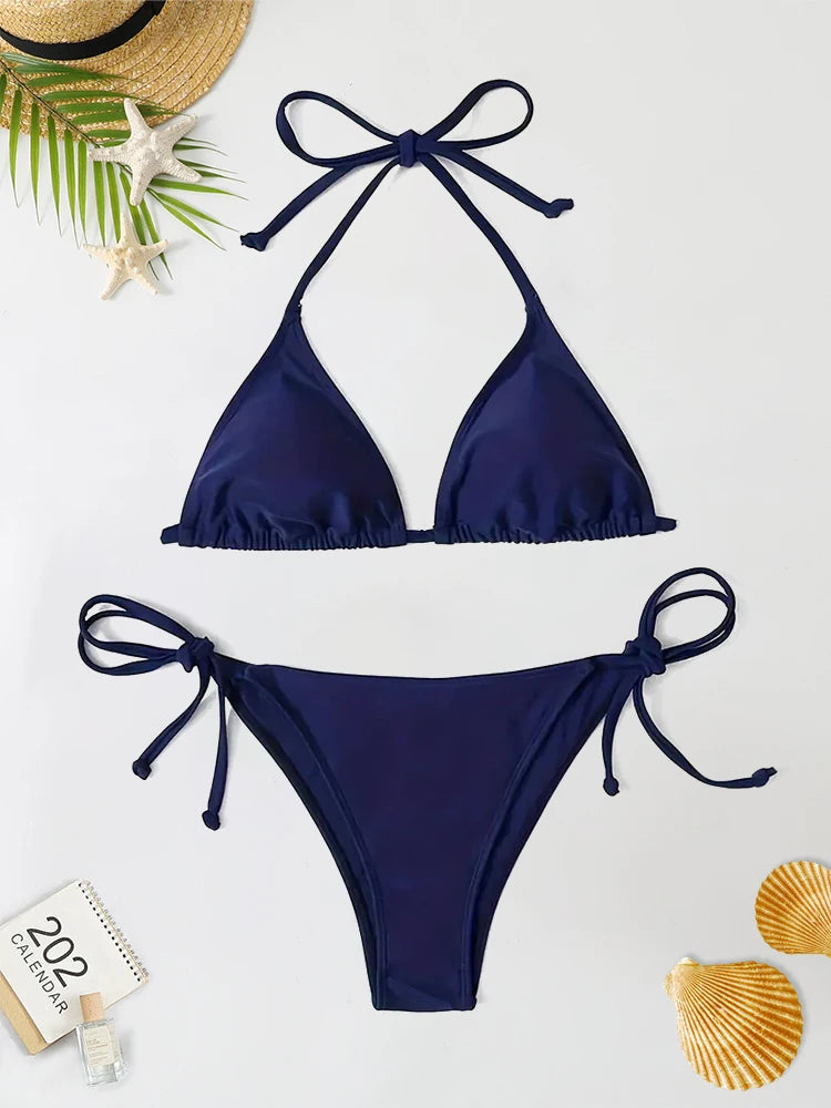 2Pcs Swimwear Thong Bikini Set Sexy New Navy Blue Swimsuits Woman Sexy Bathing Suits Bikinis Triangle Bandage Female Beachwear
