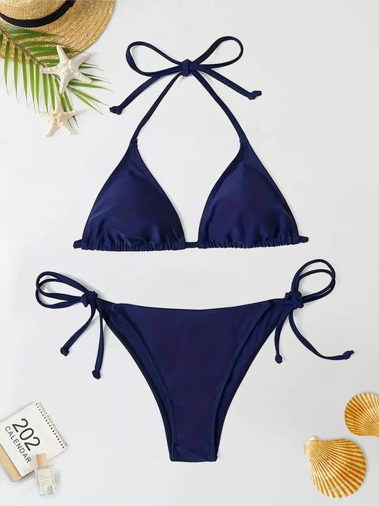 2Pcs Swimwear Thong Bikini Set Sexy New Navy Blue Swimsuits Woman Sexy Bathing Suits Bikinis Triangle Bandage Female Beachwear
