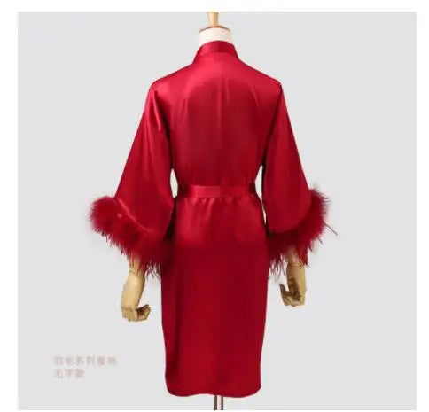 Women FEATHER Bride Bridesmaid Wedding Robe Satin Kimono Bathrobe Gown Nightwear Embroidery Letter Nightgown V-Neck Lingerie