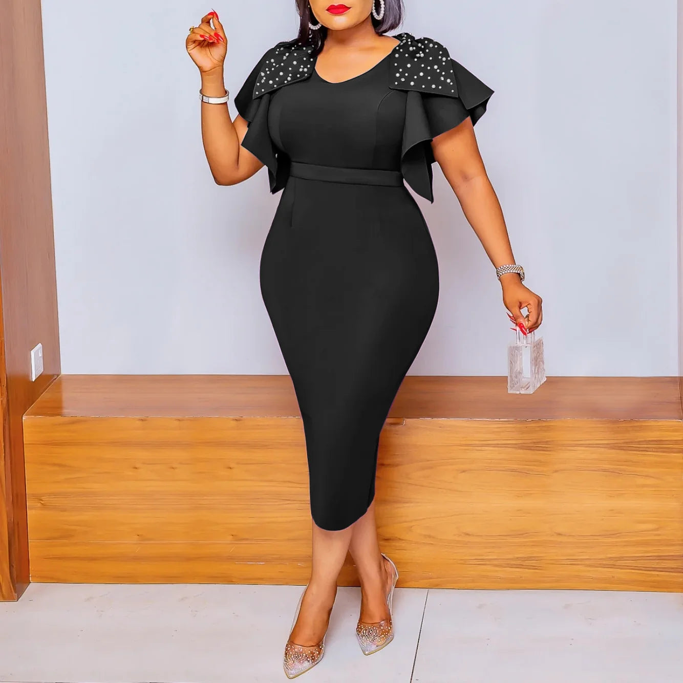 2023 Summer Fashionable Women Leaf Edge Dress High Waist Pure Color Trendy Zipper Closure Short Sleeve Dress