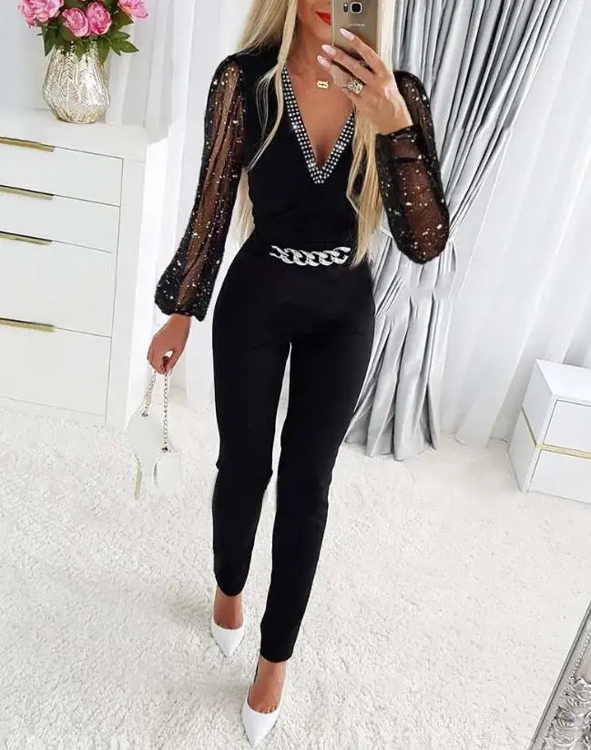 Fall Outfits Women Chain Decor Sheer Mesh Overlay Long Sleeve Tight Fitting Jumpsuit Fashion and Elegant Commuting Combinations