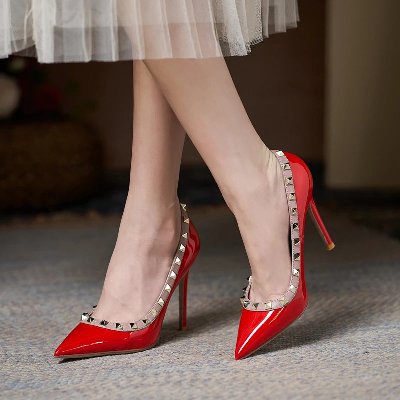 2025 New Luxury Brand High Heels Women's Shoes Metal Rivet Pointed Black Pumps Fashion Sexy Genuine Leather Women's Single Shoes