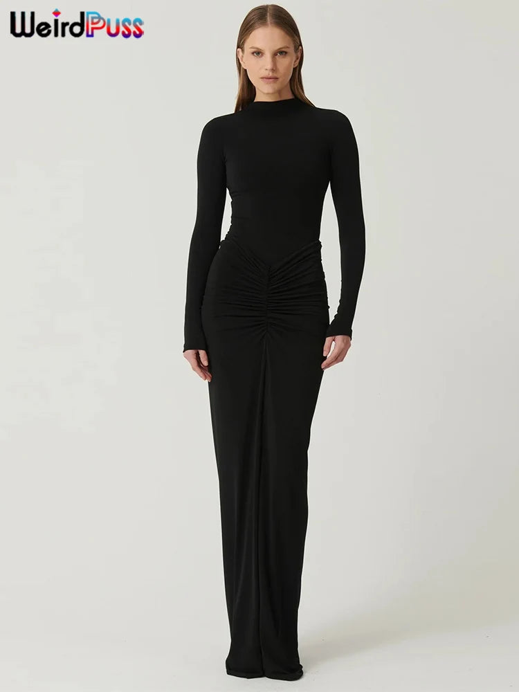 Weird Puss Hipster Ruched Dress Women o-NeckFull Sleeve  Skinny Stretch Robe Autumn Trend Simple Classic Pleats Long Bodycon