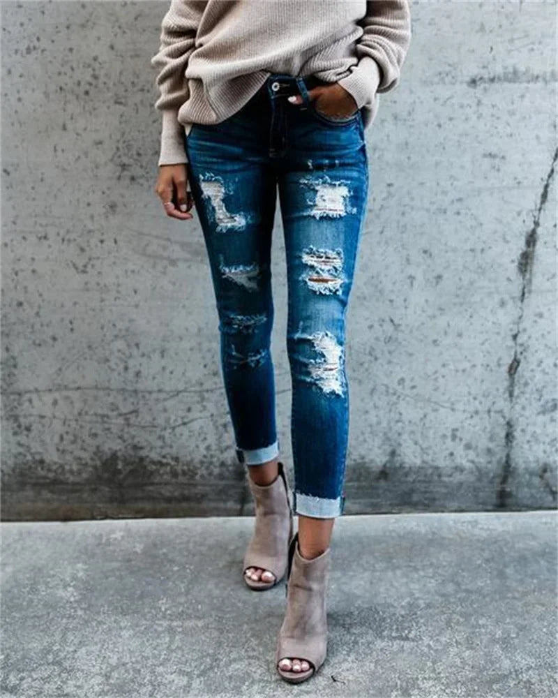 Casual Skinny Pencil Pant Women Streetwear Hole Worn Slim Jeans Pants Trendy Ripped Stretch Light Blue Denim Trousers For Female